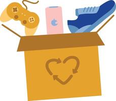 Box full of second handed items with a recycling heart symbol vector