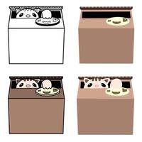 Set of cute cat inside a cardboard box with fish button toy illustration vector