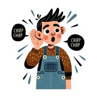A man eavesdrops with his hand to his ear. Color illustration in flat style. vector