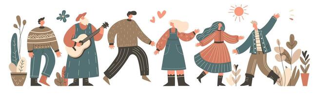 Set of people isolated on white background dancing in casual clothes. Color illustration in flat style. vector