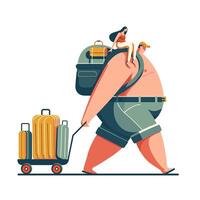 A very small woman sits on the shoulder of a huge man who is pulling a cart with suitcases. Humorous color illustration in flat style. vector