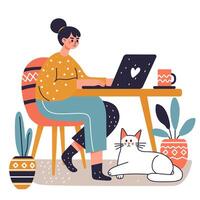 Young woman working on computer at home. Color illustration in flat style. vector