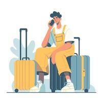 Young man in overalls sitting on suitcase and talking on smartphone. Color illustration in flat style. vector
