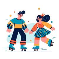 Man and woman in bright clothes roller skating. Color illustration in flat style. vector