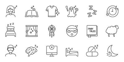 Sleep And Relaxation Line Icon Set. Bedtime Routine, Dream Interpretation, And Sleep Hygiene Outline Symbol Collection. Nighttime Rest And Relaxation. Editable Stroke. Isolated Illustration vector