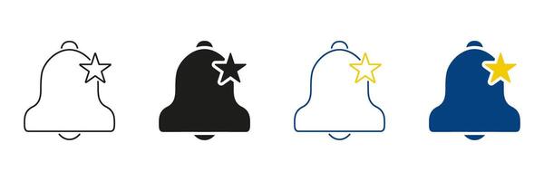 Bell With Star Line And Solid Icon Set. Notification Alert And Favorite Reminder Silhouette Symbol Collection. Communication And Priority Indication. Isolated Illustration vector