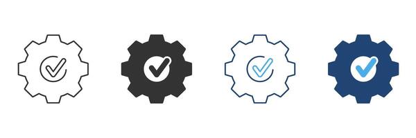 Gear With Checkmark Line And Solid Icon Set. Quality Assurance, System Optimization, And Task Completion Symbol Collection. Process Efficiency And Reliability. Isolated Illustration vector
