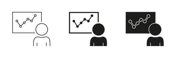 Person Presenting Data Chart Line And Solid Icon Set. Business Analysis, Data Presentation Symbol Collection. Professional Growth And Strategy Visualization. Isolated Illustration vector
