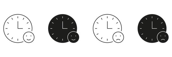Clock With Happy And Sad Faces Line And Solid Icon Set. Time Management And Emotional Well-Being Symbol Collection. Balancing Productivity And Mood. Isolated Illustration vector