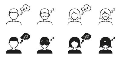 Sleeping Person With Eye Mask Line And Solid Icon Set. Rest, Relaxation, Sleep Symbol Collection. Male And Female Figures With Sleep Masks And Thought Bubbles. Isolated Illustration vector
