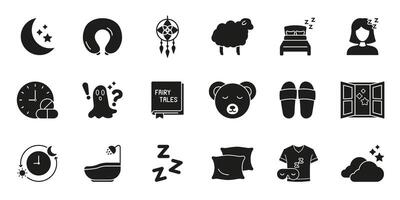 Sleep and Relaxation Solid Icon Set. Moon, Pillow, Bed and Sleepwear Elements. Nighttime Routine, Restful Sleep and Dream Symbol Collection. Isolated Illustratio vector