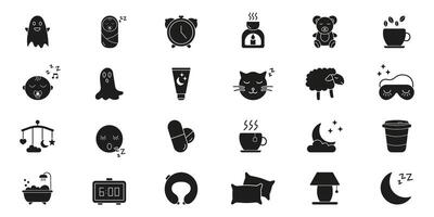 Sleep And Relaxation Icon Set. Sleep Aids, Nighttime Comfort, Relaxation Elements. Bedtime Routine, Restful Sleep, And Relaxation Silhouette Symbol Collection. Isolated Illustration vector