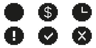 Pixel Art Icon Set Featuring Dollar Sign, Clock, Exclamation Mark, Check Mark, And Cross. Financial, Time Management, Alert, Approval, And Rejection Symbols. Isolated Illustration vector