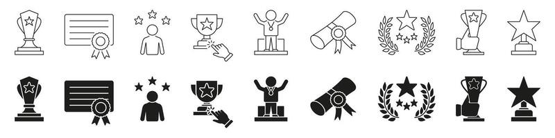 Awards And Recognition Line And Solid Icon Set. Achievement, Excellence, And Success Symbol Collection. Trophies, Medals, Certificates, And Laurels. Isolated Illustration vector
