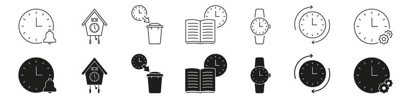 Clock And Time Management Line And Solid Icon Set. Alarm, Scheduling, Timekeeping Symbol Collection. Includes Cuckoo Clock, Trash Bin, Book, Wristwatch, Gear Elements. Isolated Illustration vector