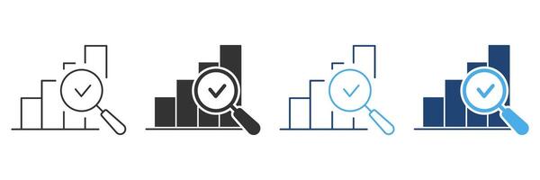 Bar Chart With Magnifying Glass And Checkmark Line And Solid Icon Set. Data Analysis, Performance Evaluation, Business Insight Symbol Collection. Market Research. Isolated Illustration vector