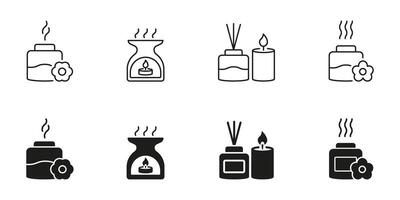 Aromatherapy And Scented Candle Line And Solid Icon Set. Relaxation, Home Fragrance, And Spa Ambiance Symbol Collection. Essential Oils And Diffusers. Isolated Illustration vector
