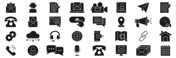 Communication And Technology Solid Icon Set. Email, Messaging, And Digital Interaction Silhouette Symbol Collection. Includes Phone, Cloud, And Map Icons. Isolated Illustration vector