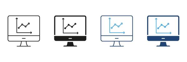 Computer Monitor With Graph Line And Solid Icon Set. Data Analysis, Business Analytics, Performance Tracking Symbol Collection. Financial And Statistical Visualization. Isolated Illustration vector