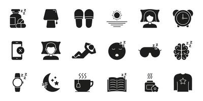 Sleep And Relaxation Silhouette Icon Set. Rest, Relaxation Techniques, And Nighttime Routine Solid Symbol Collection. Sleep Hygiene And Wellness. Isolated Illustration vector
