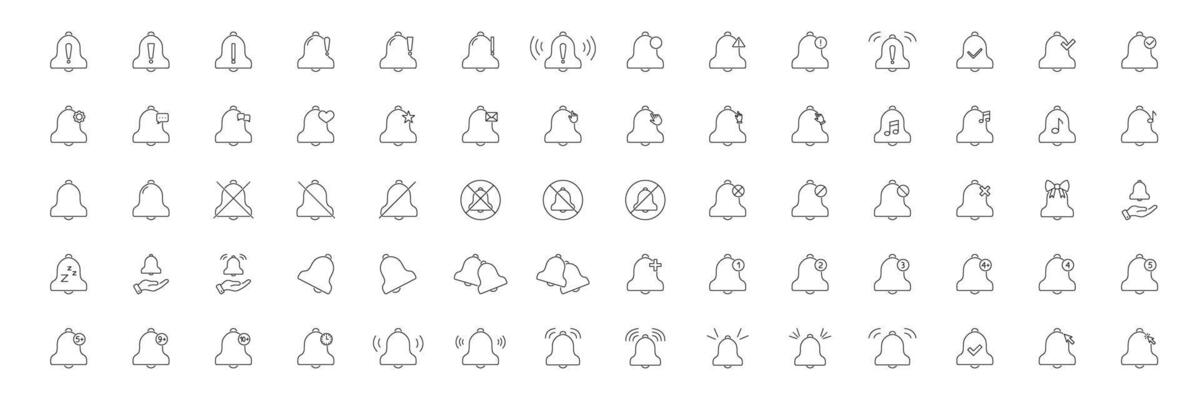 Notification Bell Icon Set. Alert, Reminder, And Notification Symbol Collection. Includes Variations For Settings, Messages, Mute, And More. Editable Stroke. Isolated Illustration