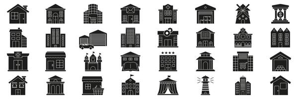Building And Architecture Solid Icon Set. Diverse Structures Including Houses, Offices, Shops, Landmarks Silhouette Symbol Collection. Urban And Rural Infrastructure. Isolated Illustration vector