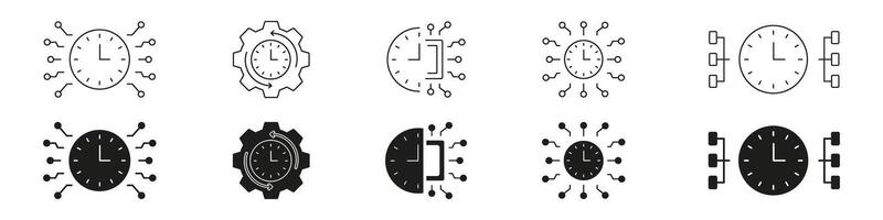Clock With Circuitry Line And Solid Icon Set. Time Management, Digital Connectivity, And Technology Integration Symbol Collection. Efficient Workflow And Automation. Isolated Illustration vector