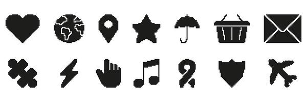 Retro Pixel Art Icon Set Featuring Heart, Globe, Location, Star, Umbrella, Shopping Basket, Envelope, Puzzle And Other. Versatile Symbol Collection. Isolated Illustration vector