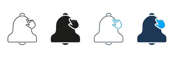 Bell Notification With Hand Gesture Line And Solid Icon Set. Alert Activation, Reminder, And Notification Management Outline And Silhouette Symbol Collection. Isolated Illustration vector
