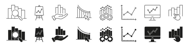 Business Analytics And Data Visualization Line And Solid Icon Set. Market Analysis, Financial Growth, And Performance Tracking Symbol Collection. Statistical Insights. Isolated Illustration vector