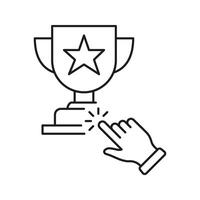 Trophy With Hand Click Line Icon. Online Achievement, Digital Reward, And Gamification Interaction Outline Symbol. User Engagement And Motivation. Editable Stroke. Isolated Illustration vector