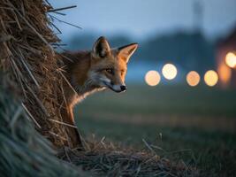 Fox observes farm animals at twilight from behind a haystack on a peaceful evening photo