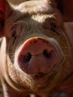 Close up view of a pig enjoying its day on a sunny farm in early spring photo