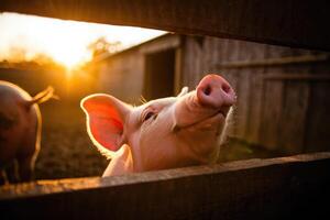 Curious piglet at sunset looking through wooden fence on a peaceful farm photo