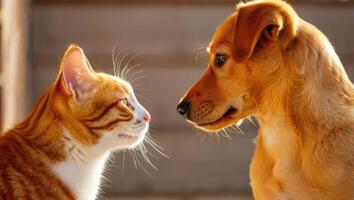 Friendly cat and dog share a moment of connection on a sunny afternoon photo