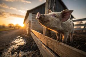 Curious piglet exploring the farm at sunset with mud on its snout photo