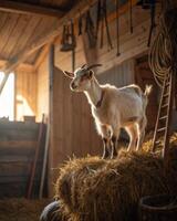 Goat standing proudly on a haystack in a warm toned farm barn during golden hour photo