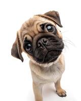 Pug puppy squishes its face toward the camera with a cute expression photo