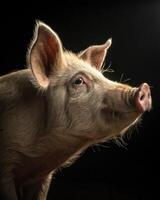 Pigs face captured in a studio with dramatic split lighting showcasing details and textures photo
