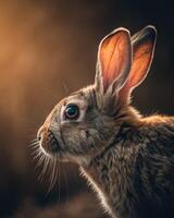 Rabbit relaxing in soft daylight with focus on eye, ear and fur details photo
