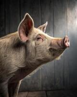 Captivating portrait of a pigs face captured in studio with dramatic split lighting effects photo