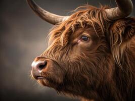Highland cow with dramatic lighting showcasing its unique features and gentle demeanor photo