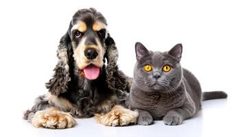 Friendly dog and cat posing together in a bright studio setting photo