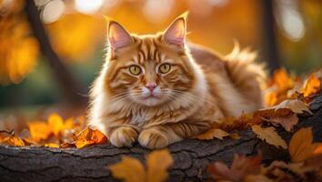 Beautiful ginger cat resting on a log surrounded by autumn leaves in a serene park photo