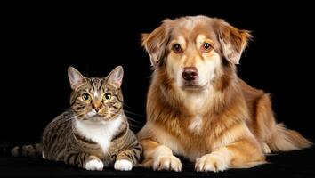 Beloved pets sit together looking at the camera in a studio setting photo