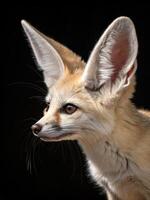 Fennec fox illuminated from above creating dramatic shadows on its face photo