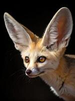 Fennec fox with large ears gazes into the shadows in a desert habitat at dusk photo