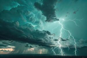 Dense thunderstorm system with dramatic lightning display in the evening sky photo