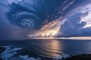 Spiraling cloud vortex above ocean at sunset creates breathtaking natural spectacle photo