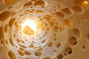 Exploring the intricate structure of holey swiss cheese from the inside perspective photo